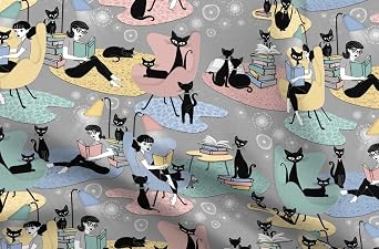 Spoonflower Fabric Time Retro Cats Reading Books on Chiffon | Fat Quarter | Retro Cats Reading Books Hygge | Use for Sewing Fashion Apparel Dresses Home Decor