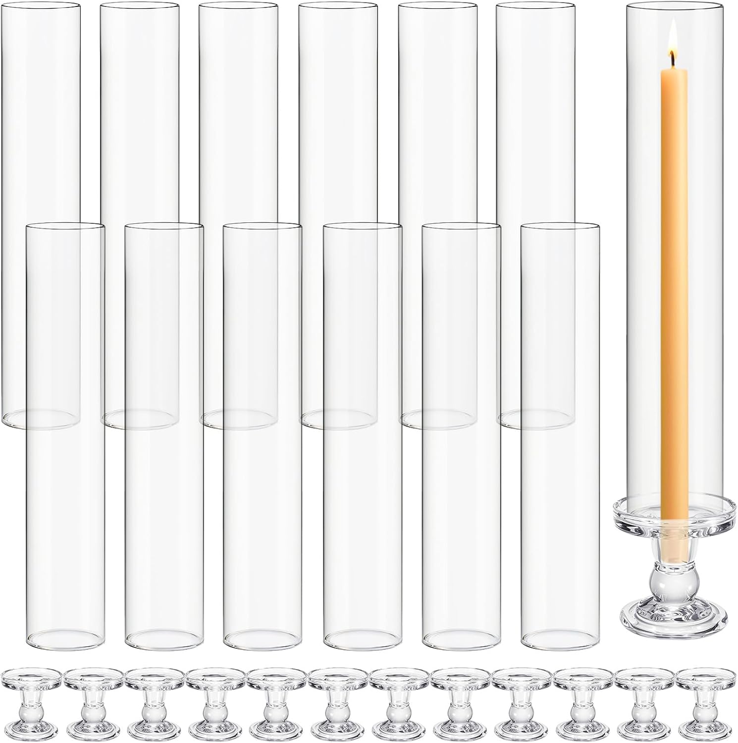 12 Set Christmas Glass Hurricane Candle Holders 12.6" Open Ended Glass Candleholder Tube Shape Bottomless and 2.2" Taper Clear Candlestick Holders for Wedding Party Table Centerpiece