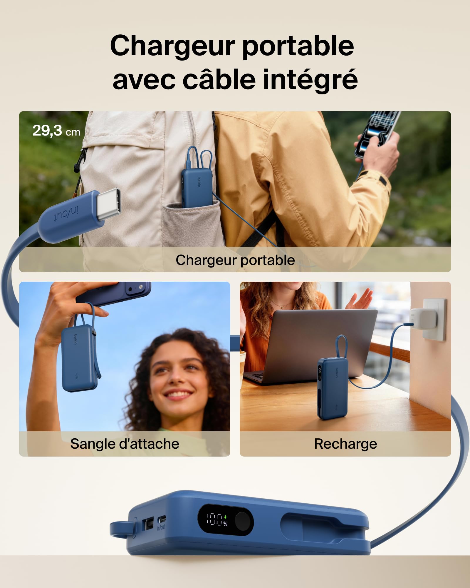 Belkin UltraCharge Batterie Externe 10K avec Câble USB-C Et Écran - Bleu