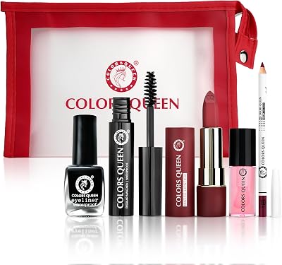 Queen Festive Makeup Kit for Women | Pack of 6 Makeup Essential Kit with Liquid Eyeliner, Mascara, Matte Lisptick, Lip Gloss, Lip Liner & Makeup Pouch Free | Long Lasting Makeup Gift Set for Women