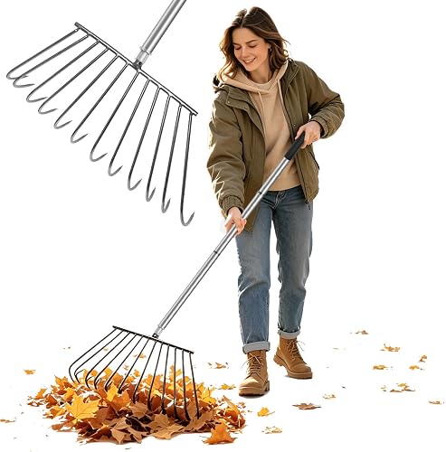 Turf Dead Grass Leaf Rakes Long Handle for Lawns, Garden, Leaves | Camping, Manual Dethatcher, Shrub, Debris, Weed Cleaning Removing Tool for Yard Landscape - Stainless Steel Heavy Duty