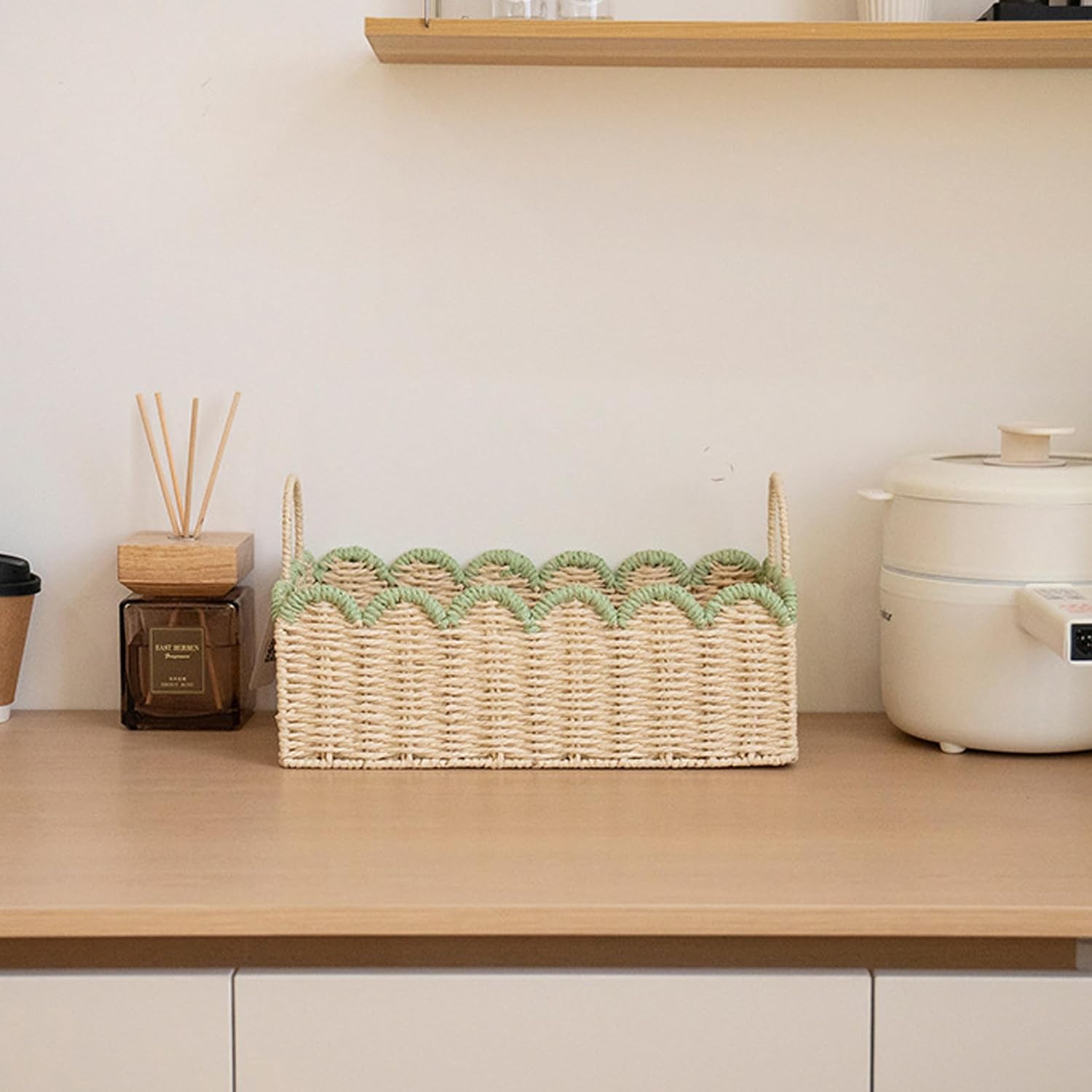 Wicker Basket with Handle Scalloped Woven Basket, 15x9x5in