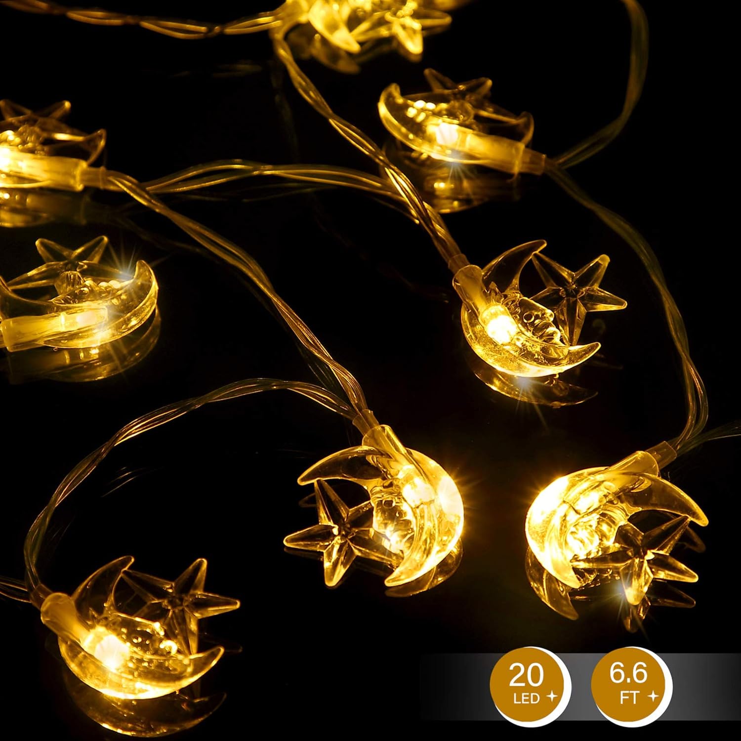 Frienda Moon Star String Lights for Eid Decorations, 6.6 ft 20 LEDs Ramadan Festival Lights, Fairy String Lights Battery Operated Indoor Outdoor, Warm White