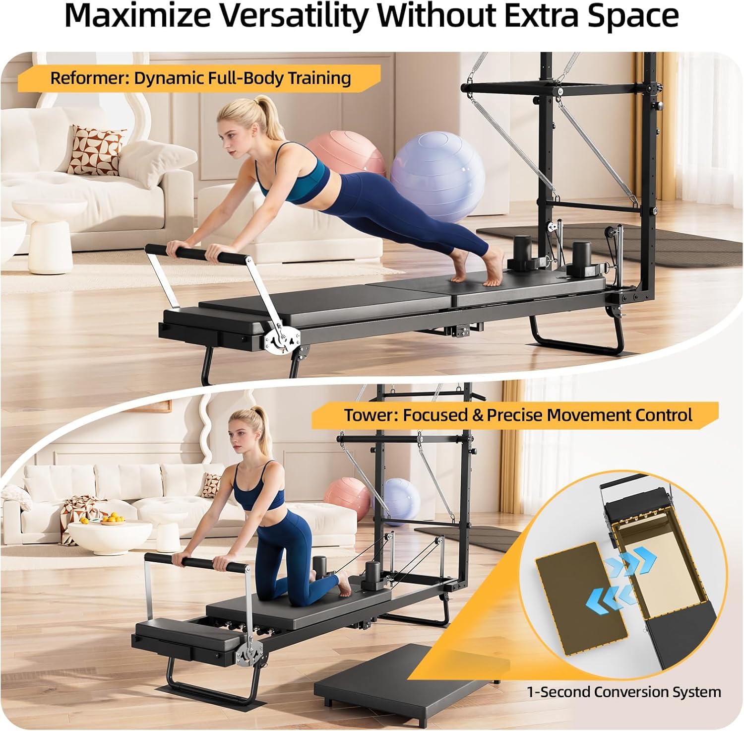 Pilates Reformer Machine with Tower, 93" Foldable Reformer Pilates Machine with Jumpboard and Wire Spings, Reformer Pilates Machine for Home Gym, Black