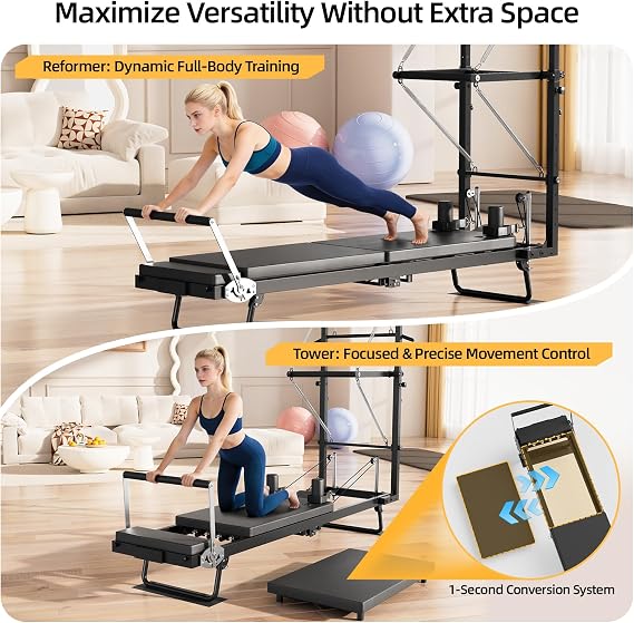 Pilates Reformer Machine with Tower, 93 Foldable Reformer Pilates Machine with Jumpboard and Wire Spings, Reformer Pilates Machine for Home Gym, Black