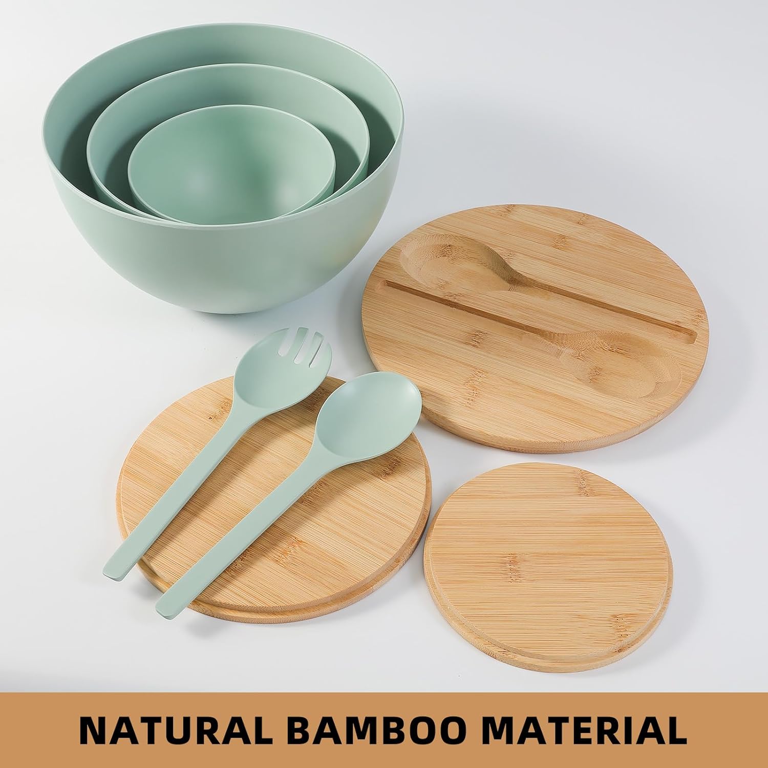 ECOWAY Salad Bowls Set of 3 with Lid & Serving Utensils, Bamboo Fiber Mixing Bowls Set Large Serving Bowls & Storage Set with Bamboo Lid for Salad, Kitchen Eating, Pasta, Popcorn, Chips, Fruit, Cyan