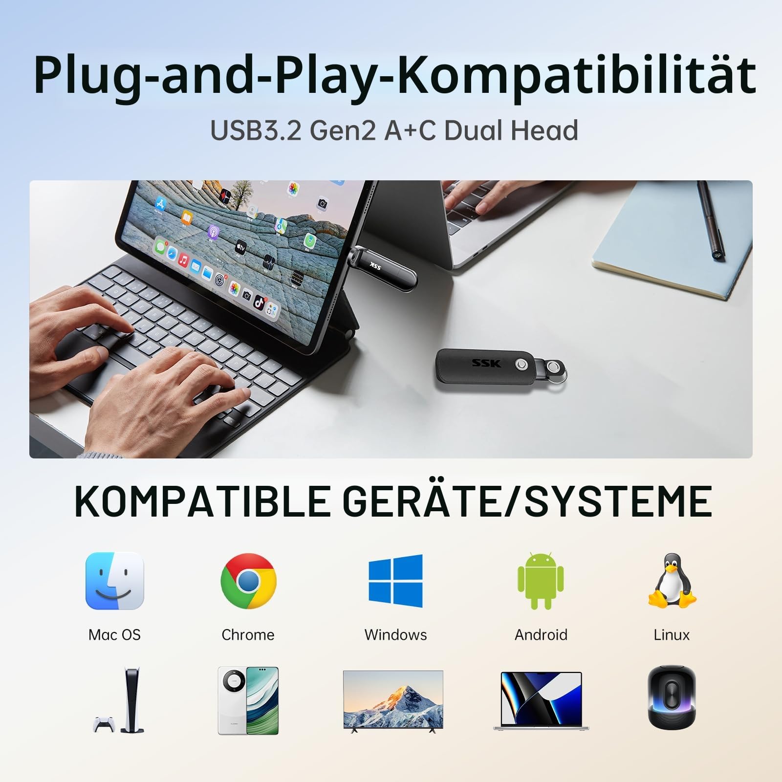 SSK 512GB USB C Stick bis zu 1000MB/S, Dual Mini USB Stick USB 3.2 Gen2 Type-A und Typ-C Externe Solid State Drives Portable SSD für iPhone 15/16/PS4/Android-Telefon/Tablet/Windows/Mac
