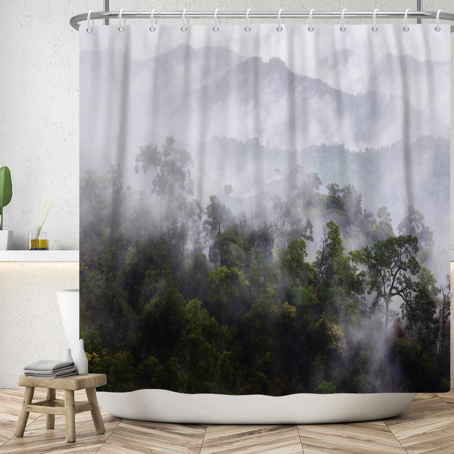 Bovlleetd 72x72inch Mist Forest Shower Curtain Natural Scenery Bathroom Curtain Mountain In Fog Shower Curtain Waterproof Bathtub Curtain Hooks for Bathroom Decoration — image 1