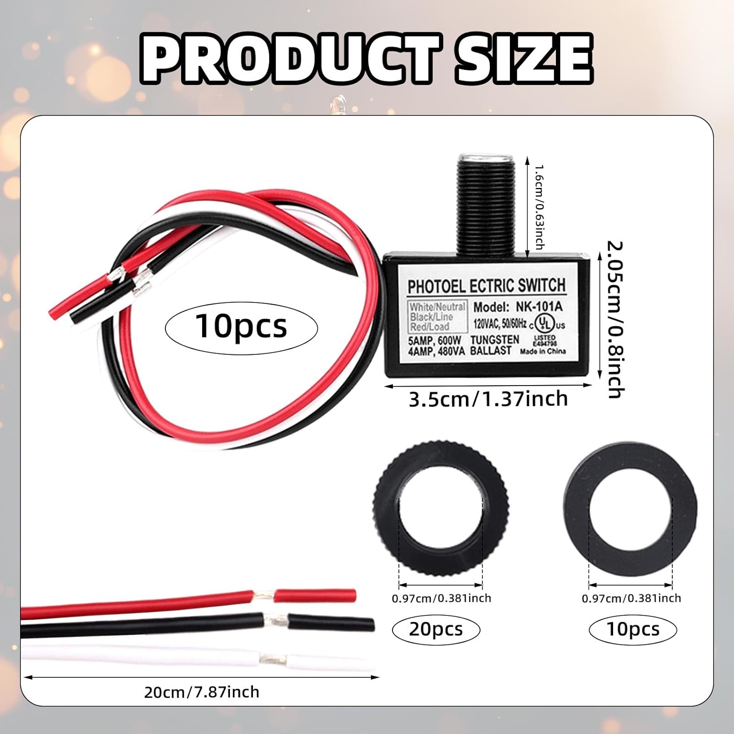 10pcs 105V-130V AC Photocell Light Sensor with Auto On/Off, Dusk to Dawn Photoelectric Switch for Outdoor Lighting Street Lights Control with Nuts & Washers