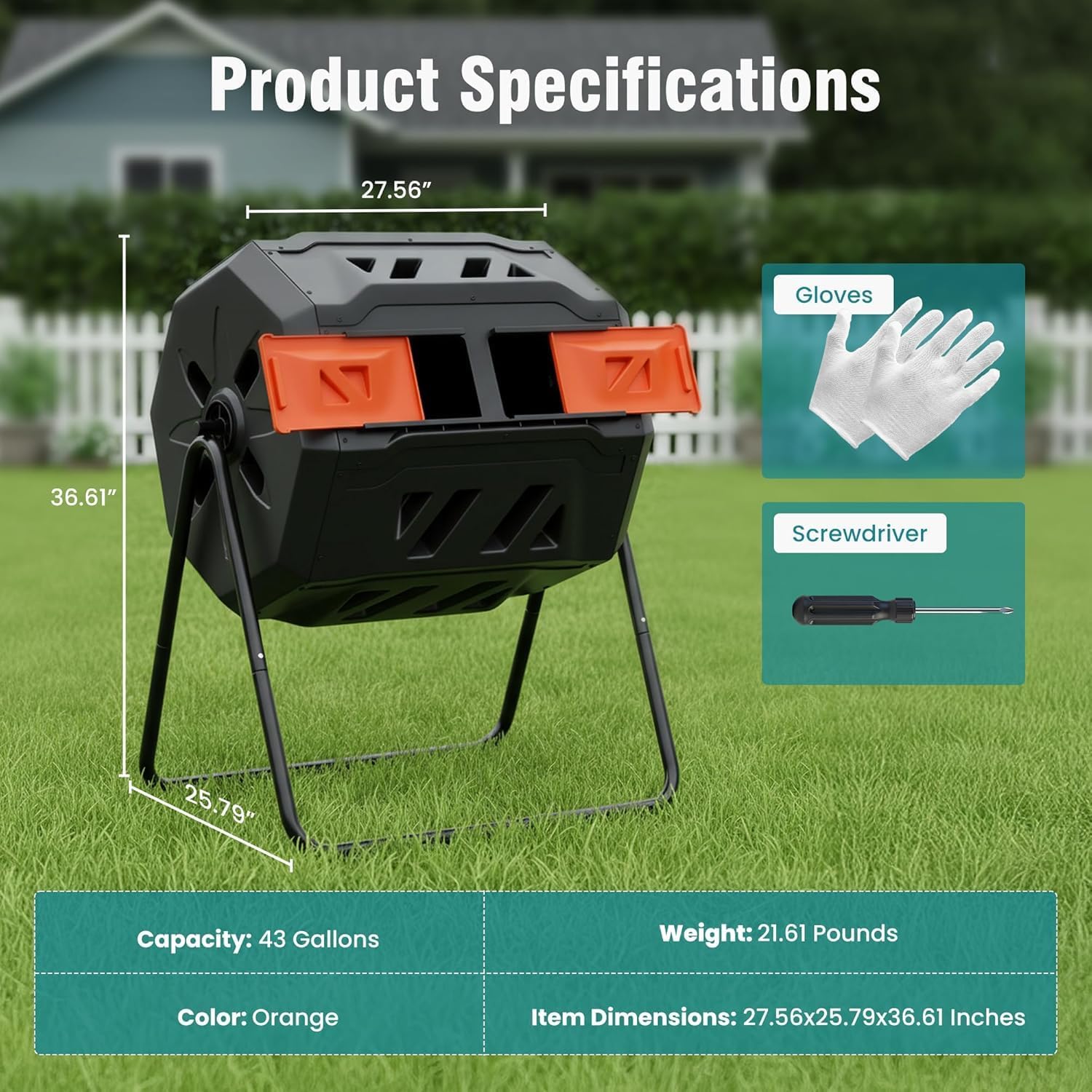 Outdoor Compost Bin 43 Gallon, Dual Chamber Tumbling Composting Bin, with 360°Rotating, Sliding Doors & Solid Steel Frame, Rotating Compost Tumbler Bin for Garden, Kitchen, and Yard Waste, Orange