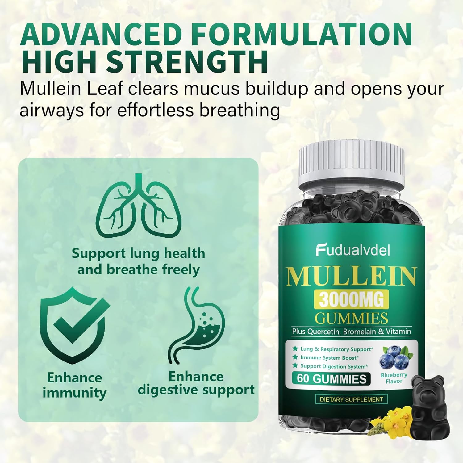 2 Packs 3000MG Organic Mullein Gummies for Lung, Mullein Leaf Extract for Lungs - Quercetin, Bromelain for Respiration，Immune and Digestive Support, 120 Count Blueberry Gummys - Image 4