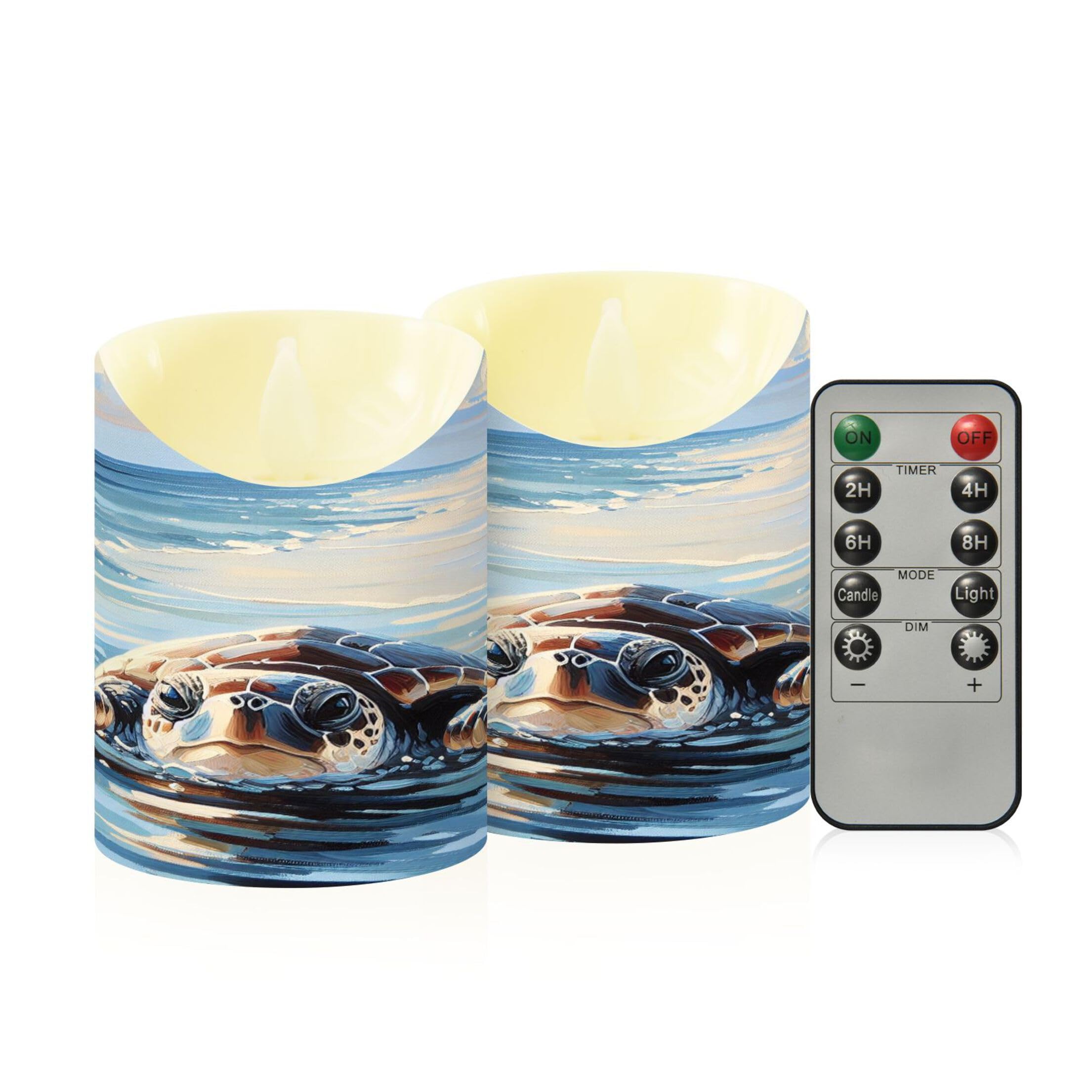Kutsu Sea Turtle Flameless Candles Set of 2, Battery Operated LED Flickering Candles with Remote and Timer, Plastic Pillar Candles for Home Wedding Decor