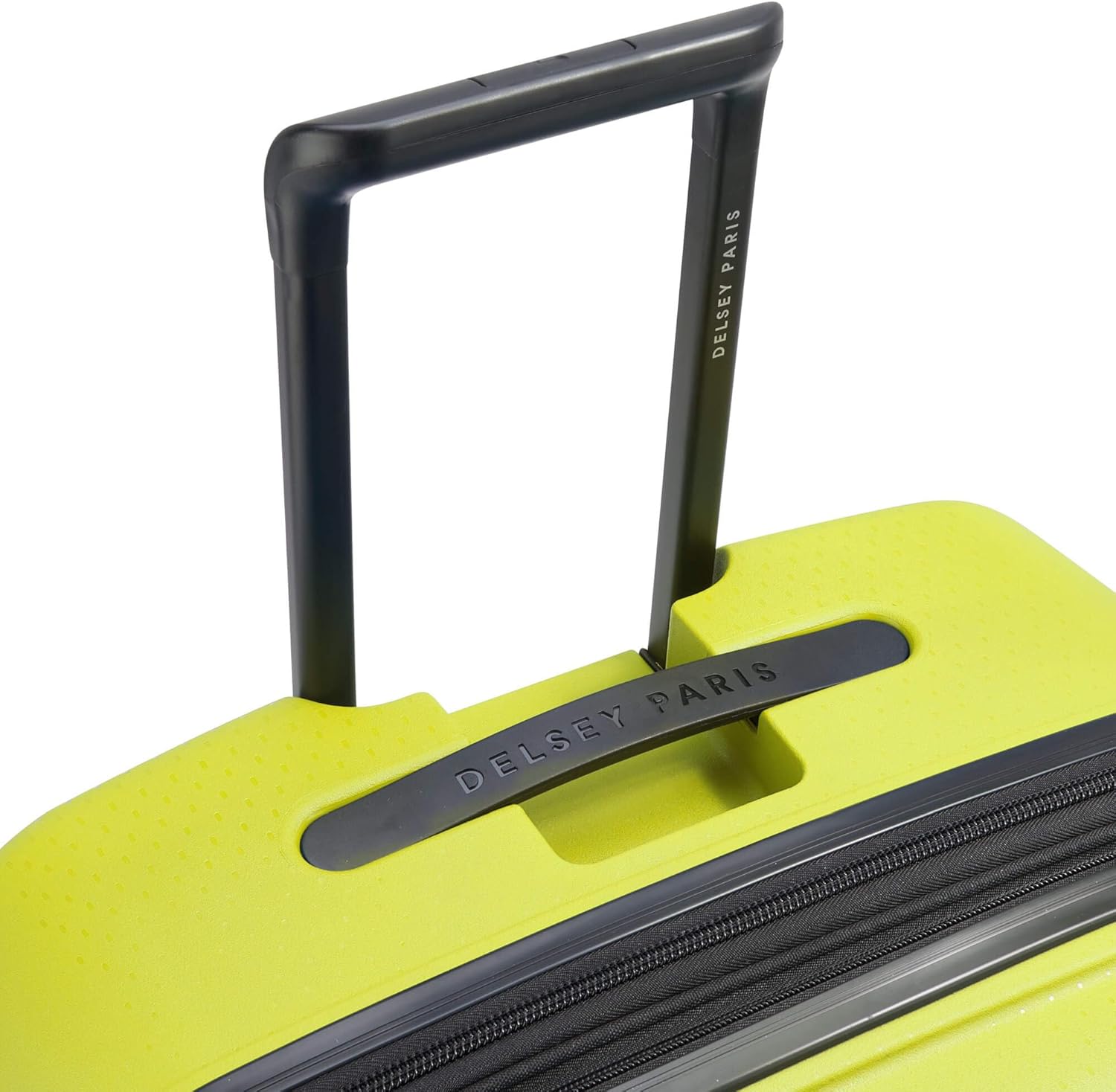 Close-up of the DELSEY PARIS suitcase telescopic handle fully extended, showing the brand logo on the handle and the top of the suitcase.