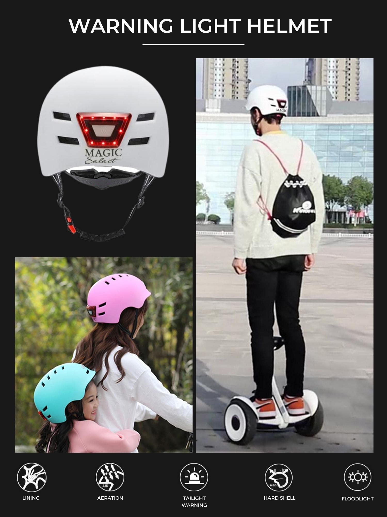 Casco Bici o Monopattino Elettrico con Spia Rossa + Luce Frontale Bianca. Casco Ciclismo Bicicletta, Skate, Leggero con Fodera Rimovibile, Guscio PC + EPS, 14 prese d'aria e Cavo di Ricarica USB.
