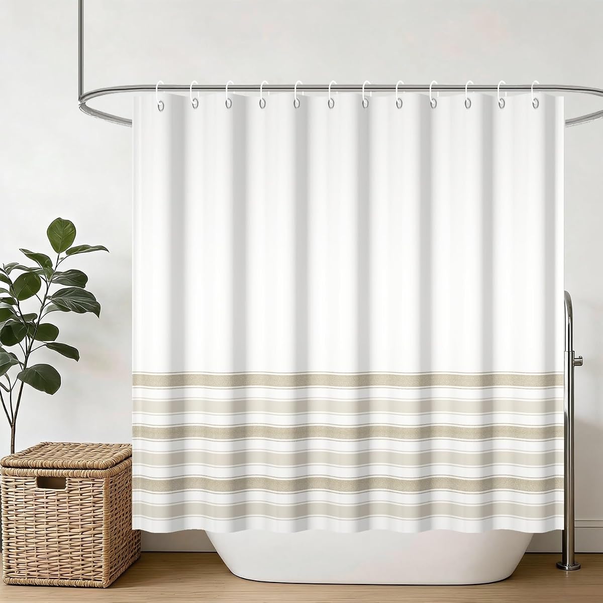 Yeele Off White Khaki Bottom Stripe Shower Curtain, Minimalist Horizontal Line Shower Curtain Set, Waterproof Washable Fabric Shower Curtain Set with Hooks 72x72 Inch