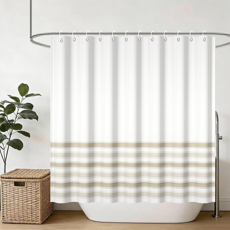 Yeele Off White Khaki Bottom Stripe Shower Curtain, Minimalist Horizontal Line Shower Curtain Set, Waterproof Washable Fabric Shower Curtain Set with Hooks 72x72 Inch
