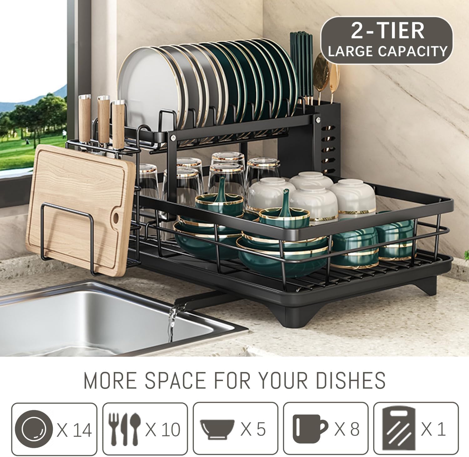 Scolapiatti per piano cucina, 2 livelli rimovibili, grande capacità, organizer con vassoio di raccolta e portaposate, salvaspazio per casa e appartamento (nero)
