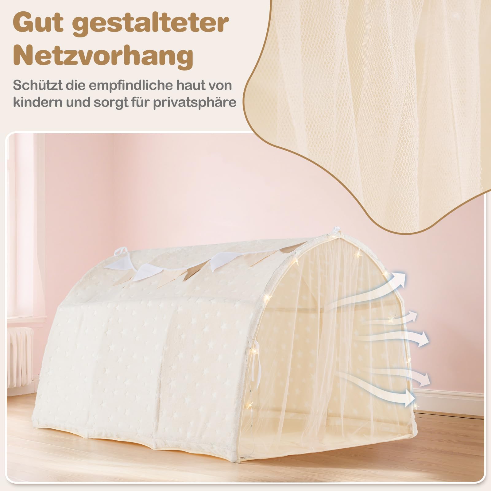 COSTWAY Kinderzelt, Spielzelt mit Leuchtsternen, Netzvorhängen, Lichterkette & Wimpeln, Kinder höhle, Spieltunnel Kinderzimmer, Spielhaus Indoor & Outdoor für Jungen & Mädchen
