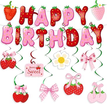 Pink Bow Strawberry Party Decorations Strawberry Bow Happy Birthday Banner, Berry Sweet Strawberry Hanging Swirls for Summer Fruit Berry First 1st Birthday Party Decorations