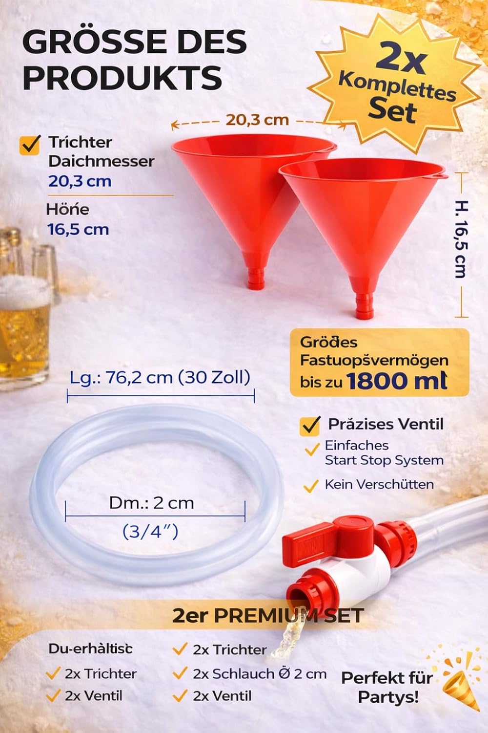 Premium Beer Funnel Double Set V3 with Anti-Kink Hose & Valve - Beer Bong/Beer Funnel Drinking Game - Set of 2 Party Accessories for Festival, Stag Night & Birthday - BPA-Free Red