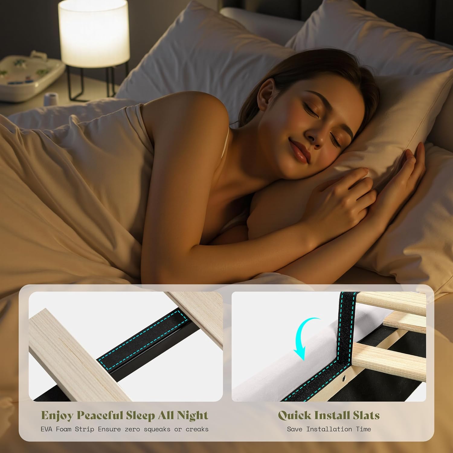 Close-up of the bed frame's slat system with EVA foam strips for noise reduction.