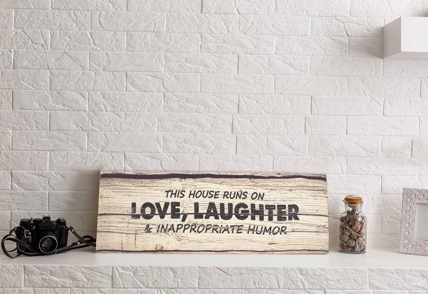 Stretched Canvas Quotes Wall Art Decor, This House Runs On Love, Laughter & Inappropriate Humor Wall Decor- 8 x 24 Rustic Wall Art Sign- Farmhouse Decor Faux Plaque Sign