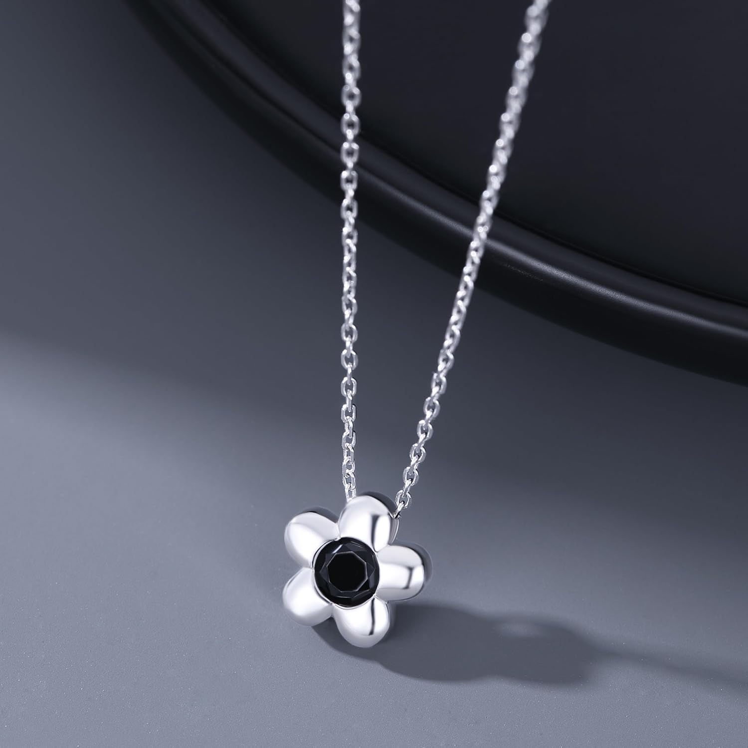 Reffeer Solid 925 Sterling Silver Black CZ Flower Necklace Chain for Women Teen Girls Dainty Daisy Pendant Necklace Choker - Image 4