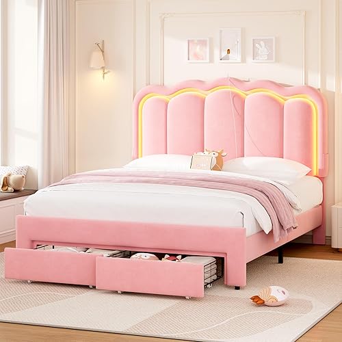 Miniatura 14 de Base de cama LED tapizada tamaño Queen con 2 cajones de almacenamiento y cabecera doble ondulada ajustable, cama de plataforma de princesa de