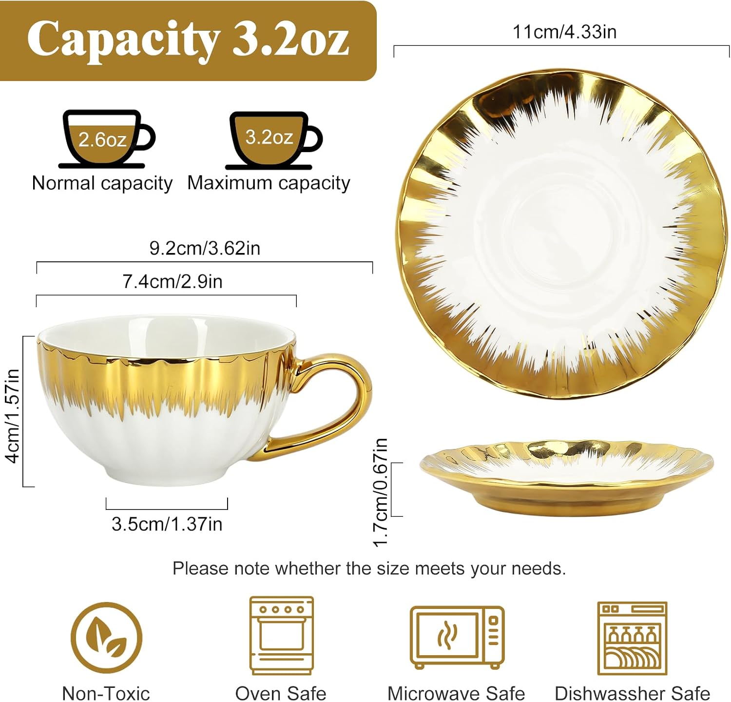 Espresso Cups with Saucers, 3.5 OZ Gold Ceramic Coffee Cup Set of 6, Demitasse Coffee Cup for Double Shot, Latte, Cafe Mocha and Tea, Dishwasher & Microwave Safe (Gold Trim-04) image 3
