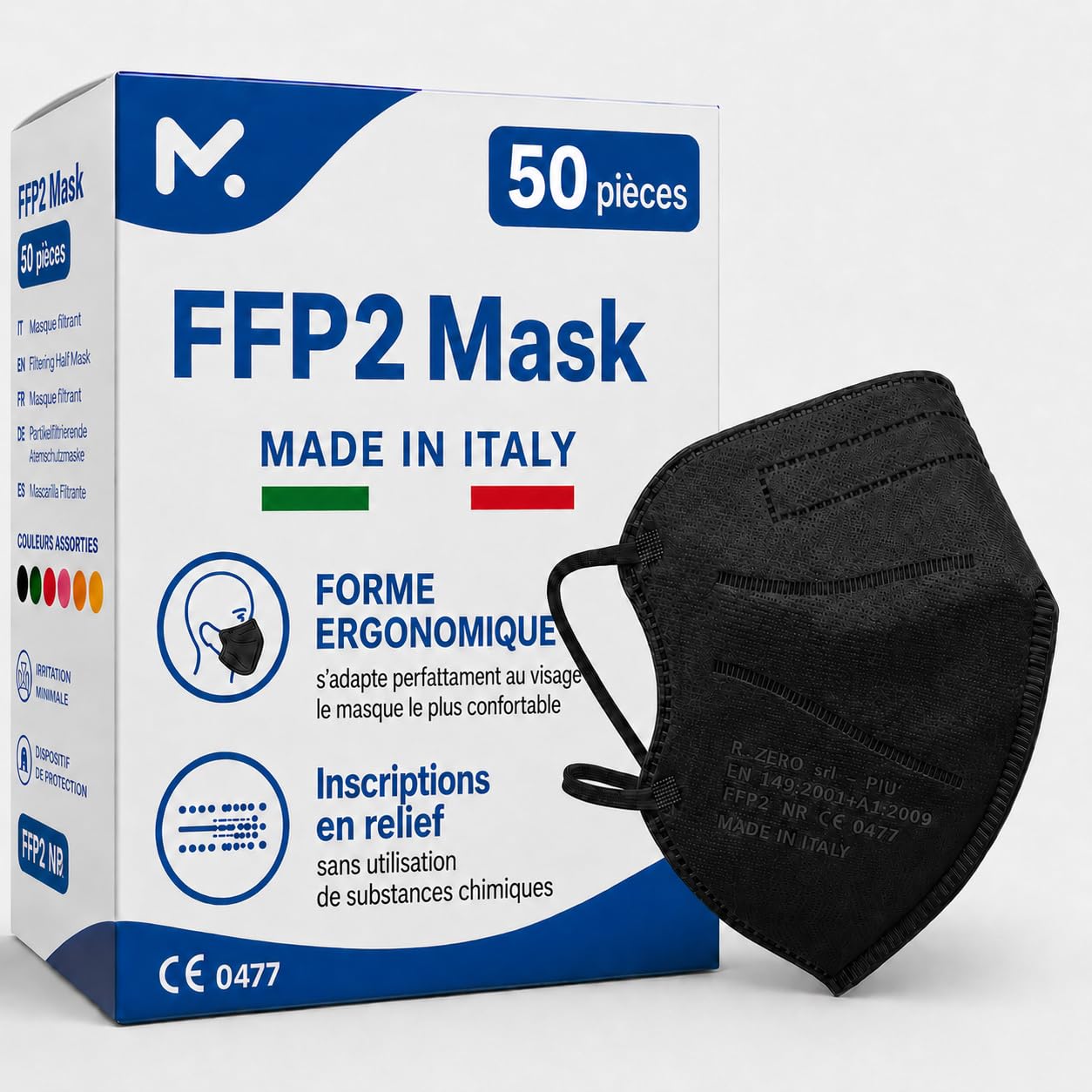 50 Masque FFP2 Made in Italy noires Certifiés CE, Masque Jetable 4 Couches sans Valve, Masques Respiratoire de Protection contre la Poussière et Pollen, Masque a Forte Filtration BFE≥95, 50 Piéces