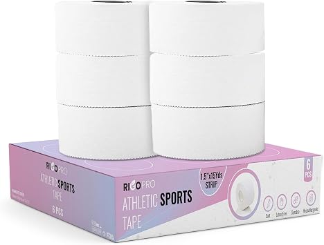 6 Pack White Athletic Tape 1.5 Inches x 15 Yards - 270 ft - Easy Tear, Rigid, No Residue. Sports Medicine - Athletes, Medical, Therapy, Athletic Trainers Ankles Wrists Fingers, Zinc Oxide Adhesive
