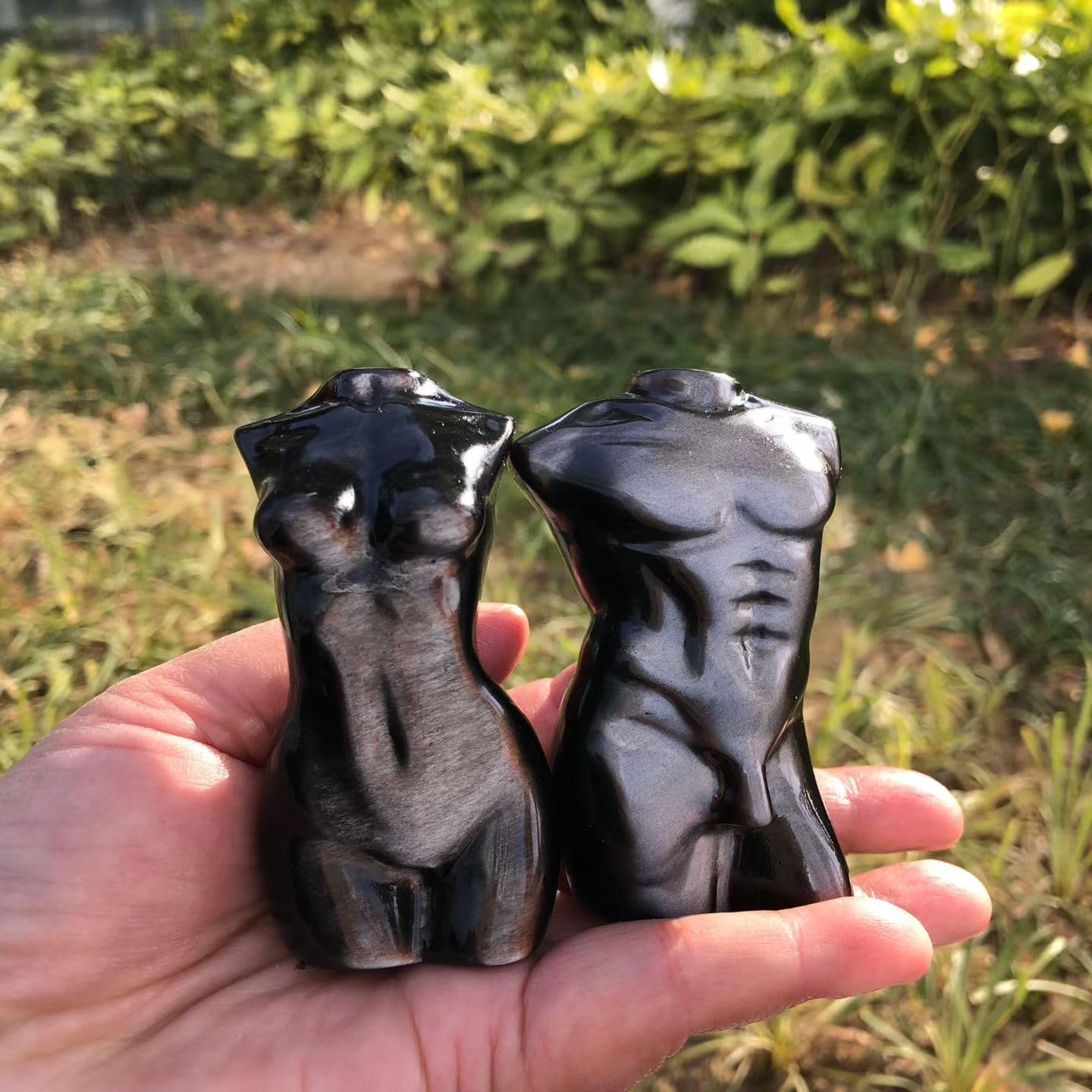 2PCS Silver Black Obsidian Torso Sculptures, Hand-Carved Male and Female Figurines, 3-4 Inch Decorative Art Pieces, Natural Volcanic Glass with Polished Finish