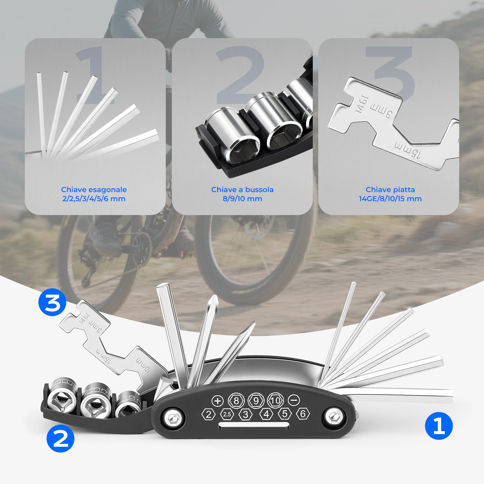 Kit Riparazione Velo, Kit Strumenti Bicicletta, Strumento Multifunzione 16 in 1, Kit di Foratura Velo con 3 Leva Pneumatico Velo, Rustine Velo Accesorio per Bicicletta, MTB Ciclismo