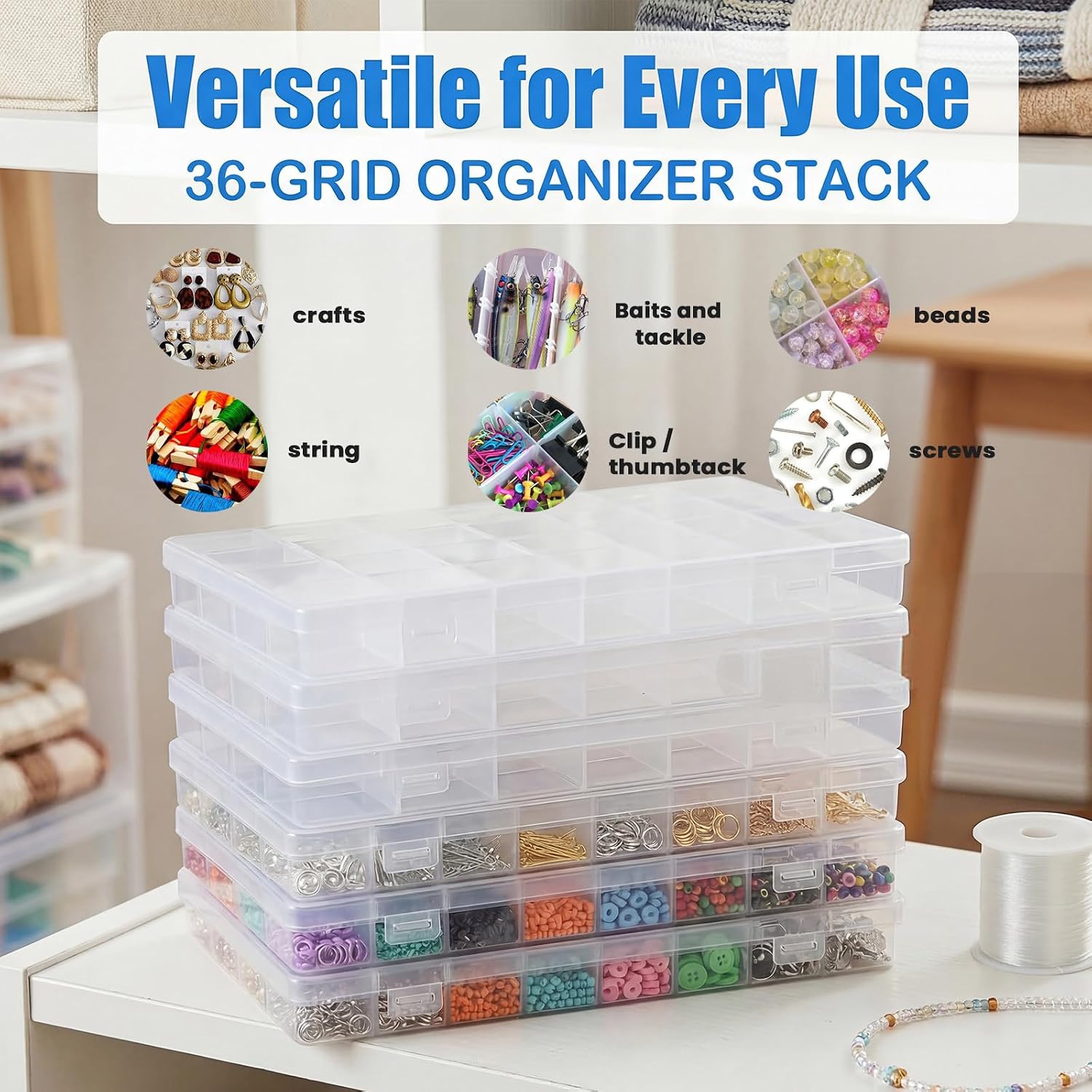 GREENTIME 6 Pack 32 Grids Clear Plastic Storage Organizer Boxes, Bead Storage Containers for Small Parts Crafts Jewelry Diamond Painting