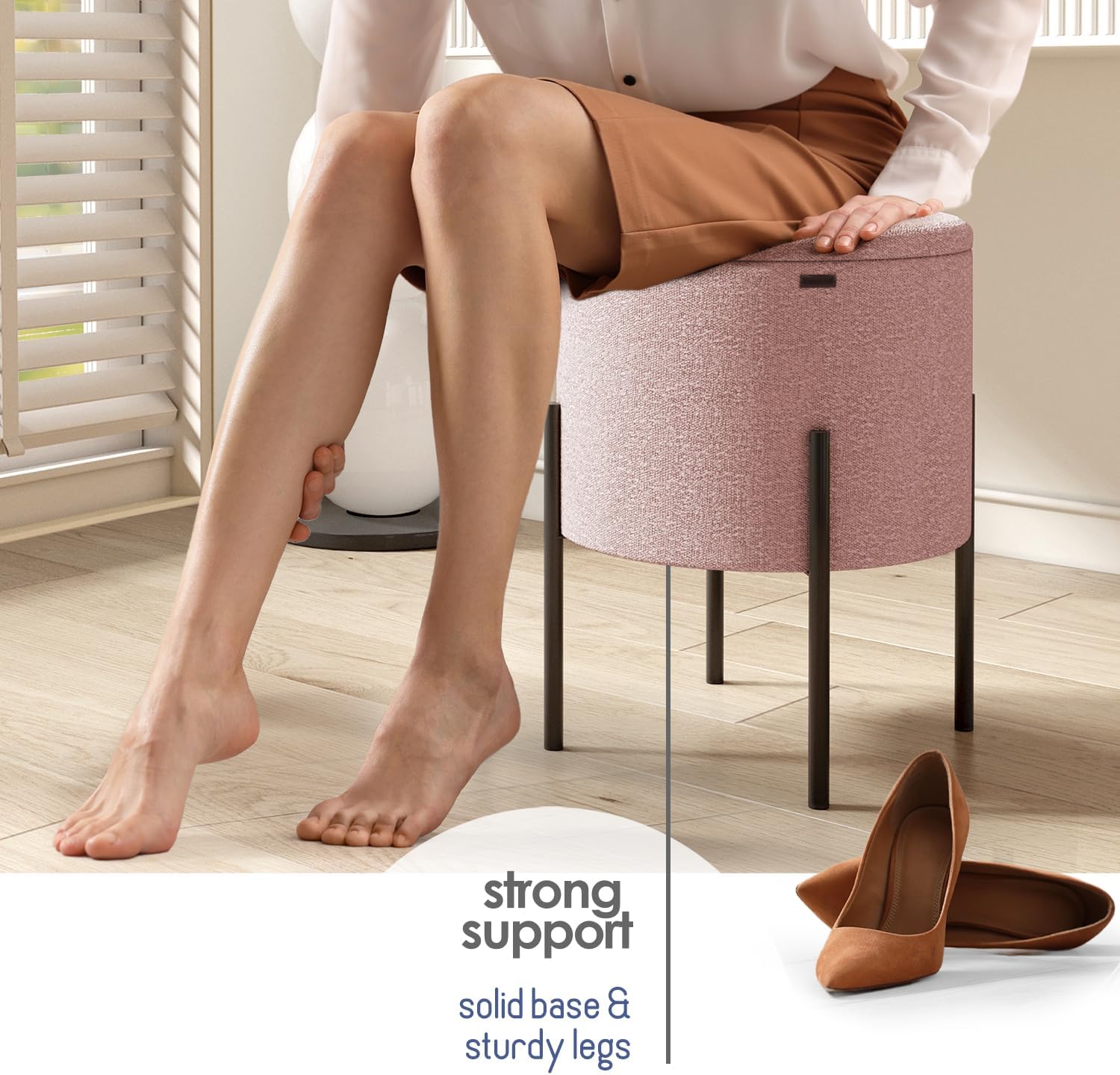 STORAGEBUD Round Ottoman with Storage - Boucle Storage Foot Stool for Makeup Vanity, Small Ottoman for Living Room and Bedroom - Pink