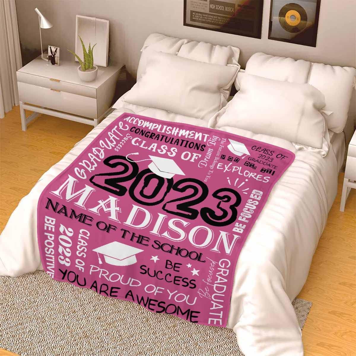 LOSARON Custom Name Class of 2023 Graduation Blanket Congratulations Class of 2023 Pink Black Personalized Throws Warm Cozy Bedding Blankets for Kids Teens 70x80