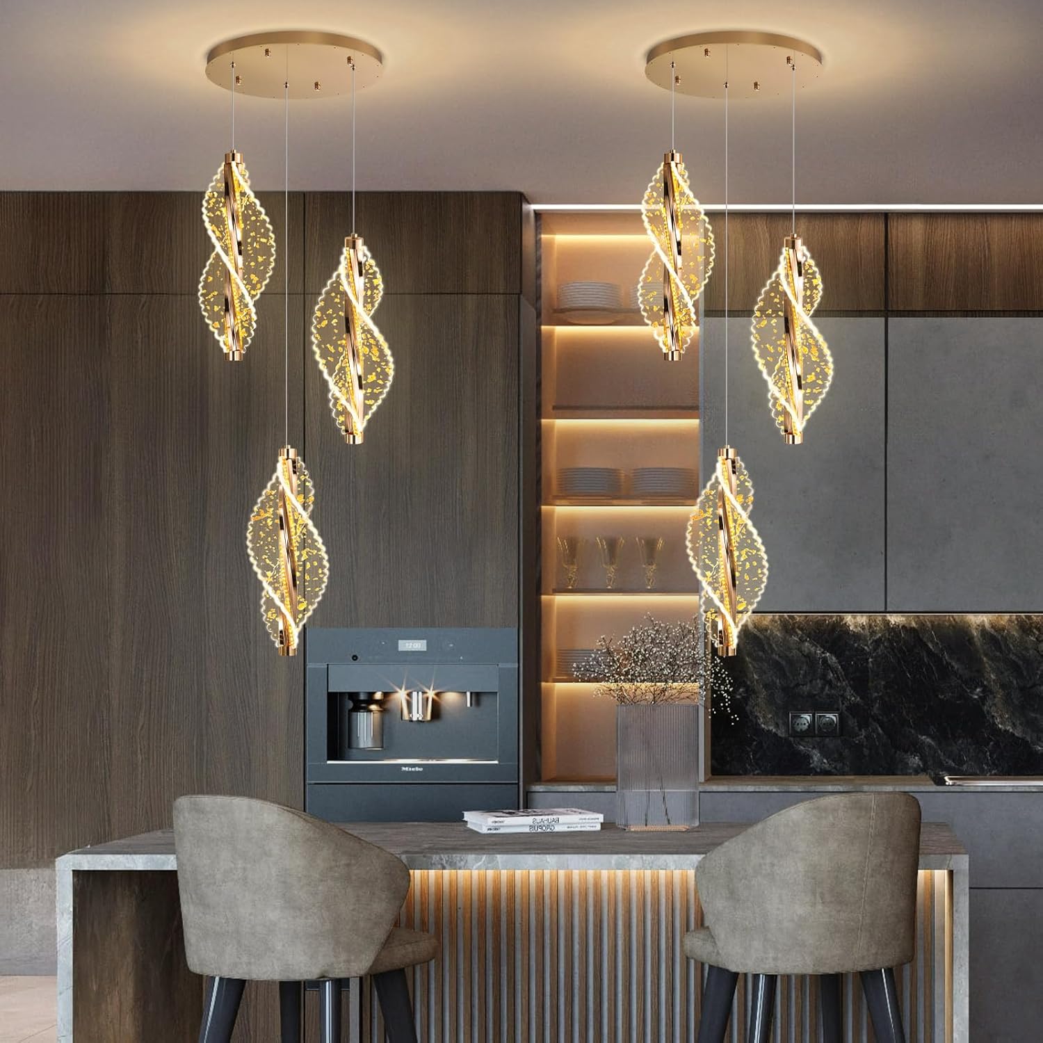 3 Lights Glam Chandelier Modern Gold Pendant Light LED Dimmable Acrylic Chandelier for Kitchen Island Dining Room Living Room