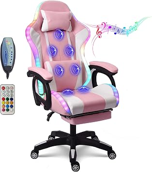 Gaming Chair with RGB LED Light Ergonomic Massaging Computer Gaming Chair, Video Gaming Chair with Footrest, Reclining Gaming Chair with Speakers Office Chair,Pink