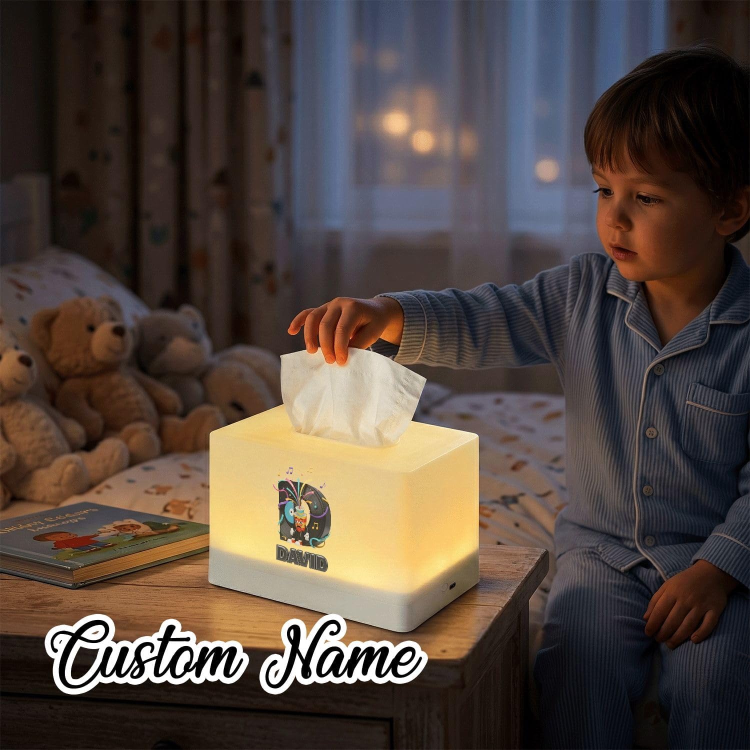 Personalized DJ Music Record Tissue Box Cover with LED Night Light, Custom Name Illuminated Tissue Dispenser for Bedroom, Rechargeable image 4