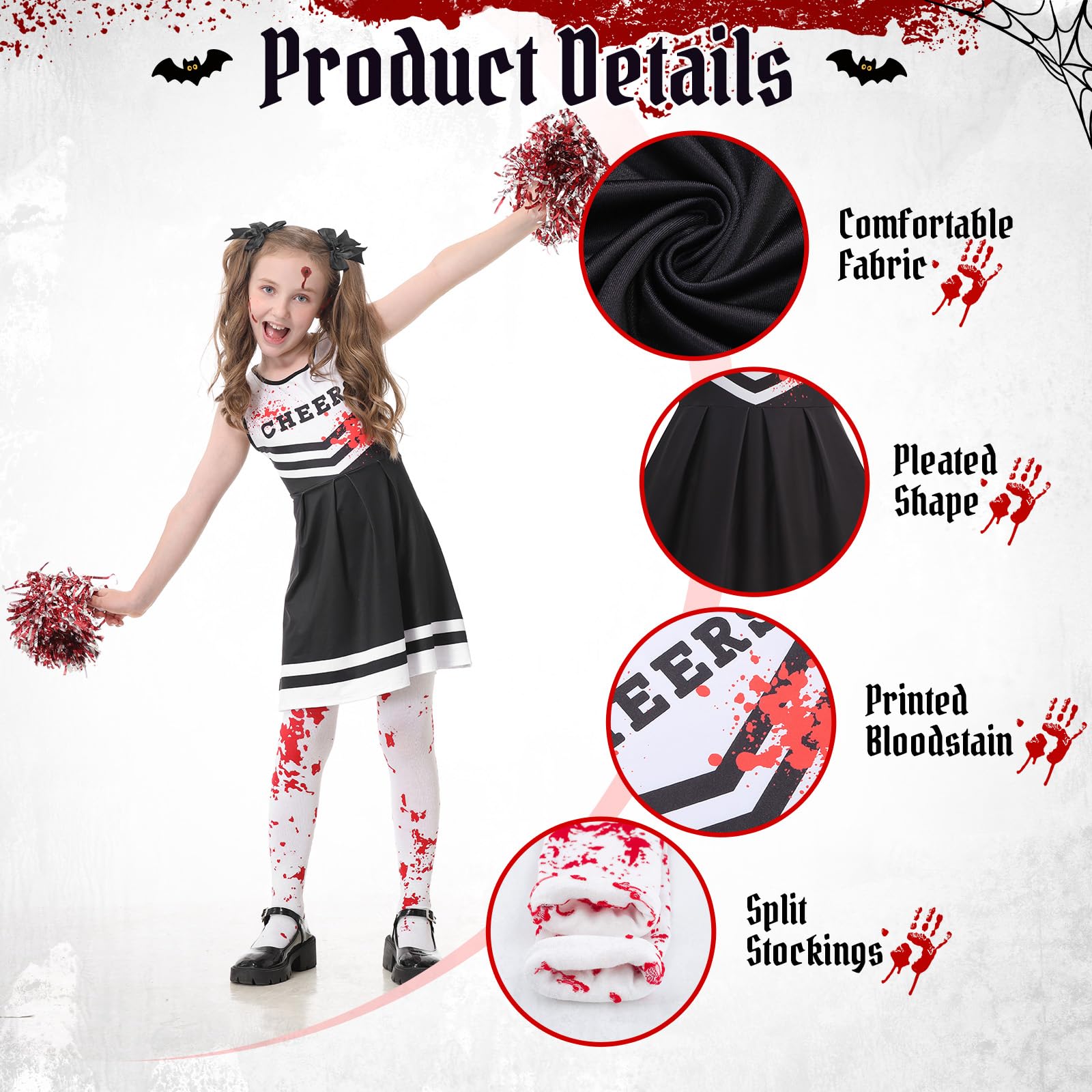 Mystery Code Vestito Halloween Bambina, Costume Zombie Cheerleader per Ragazza con Pom Poms, Calze, Tatuaggi e Capelli, Strega Costumi Halloween Diavolo Bambina Feste e Cosplay per 7-12 Anni Bambini