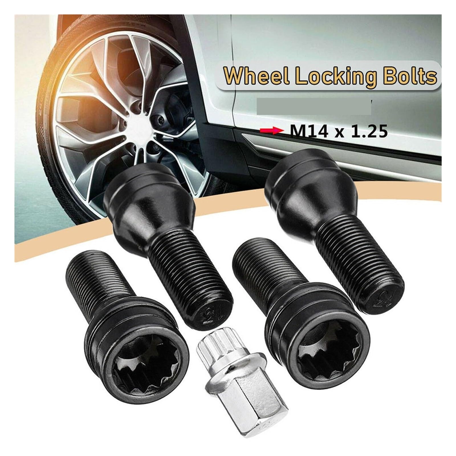 4 bulloni antifurto for cerchi in lega neri M14 x 1,25 + chiave compatibili con R50(M14 1.25)