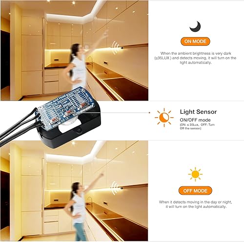 Miniatura 5 de Sensky Kit de tira de luces LED activadas por movimiento, de 19.7 pies, sensor de movimiento flexible para dormitorio, segura para armas, debajo del