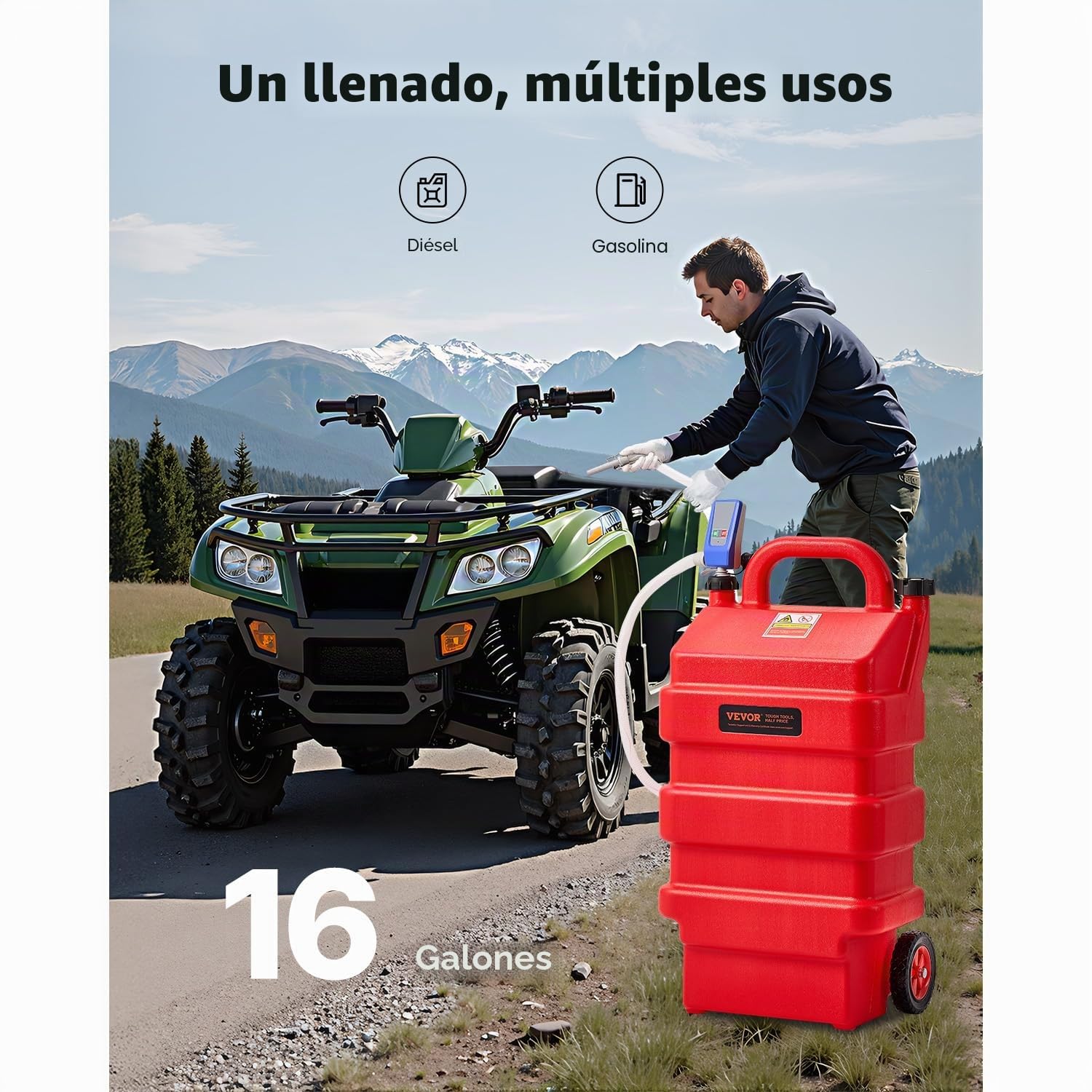 VEVOR Tanque de Combustible de 60,56 L con Bomba de Transferencia de Combustible Eléctrica de 2,5 GPM, Manguera de 1,2 m, Boquilla con Sensor de Parada Automática, para Gasolina y Diésel, Rojo