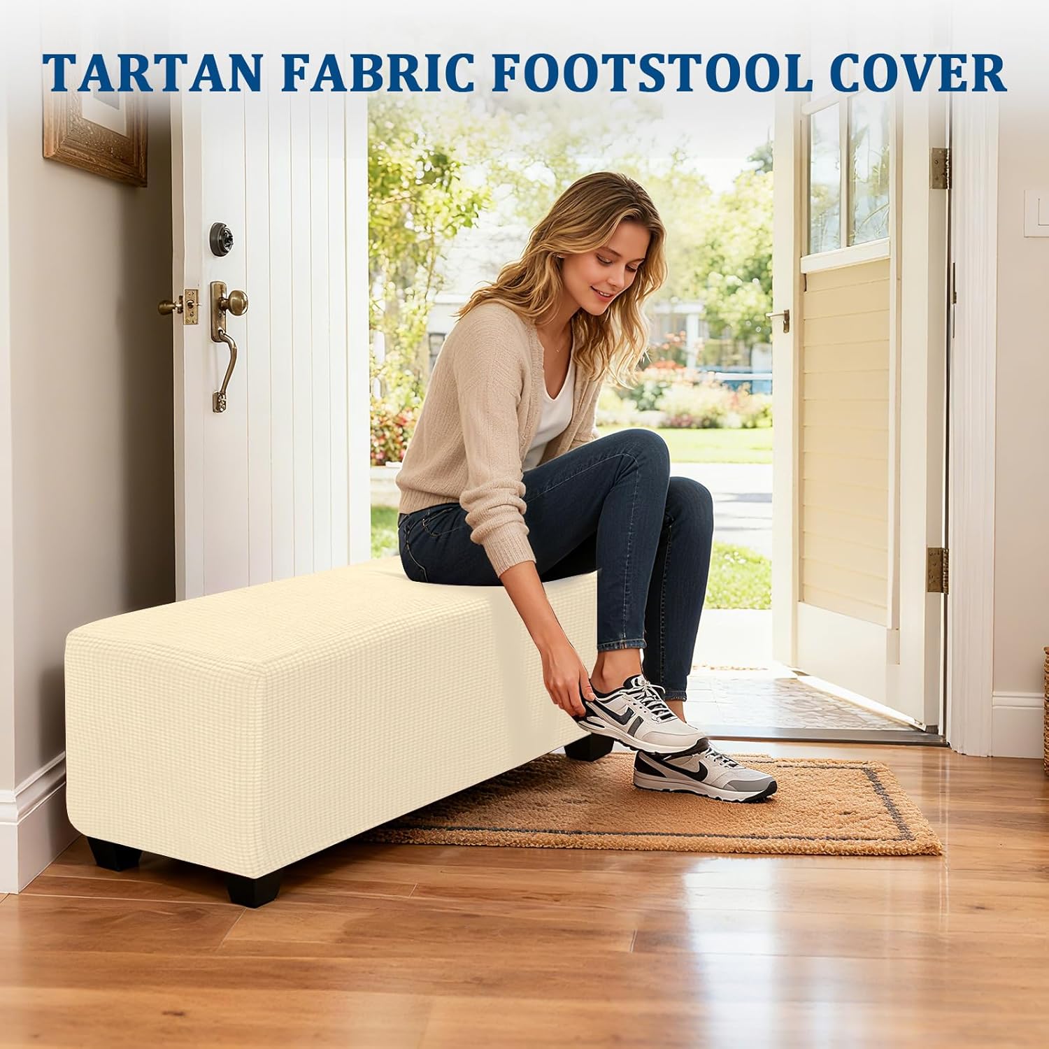 High Stretch Ottoman Cover Square/Rectangle, Folding Storage Footstool Slipcover Removable Footrest Stool Covers with 2 Straps (Beige,1pc Square L)