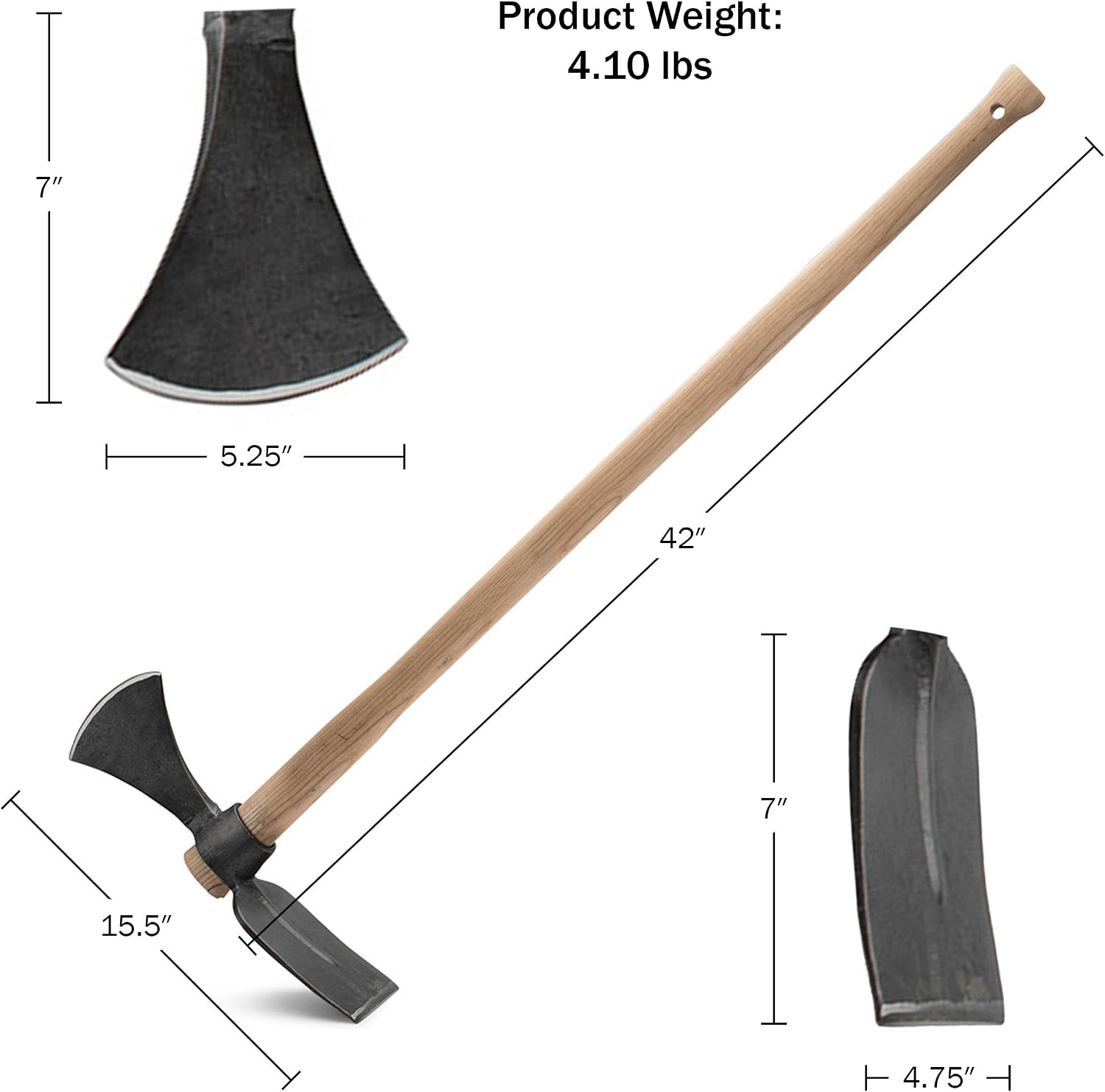 Kings County Tools Traditional Mattock 2-in-1 Garden Tool | Hoe and Axe Combo | 42” Ash Handle | Carbon Steel Heads | German-Made Quality
