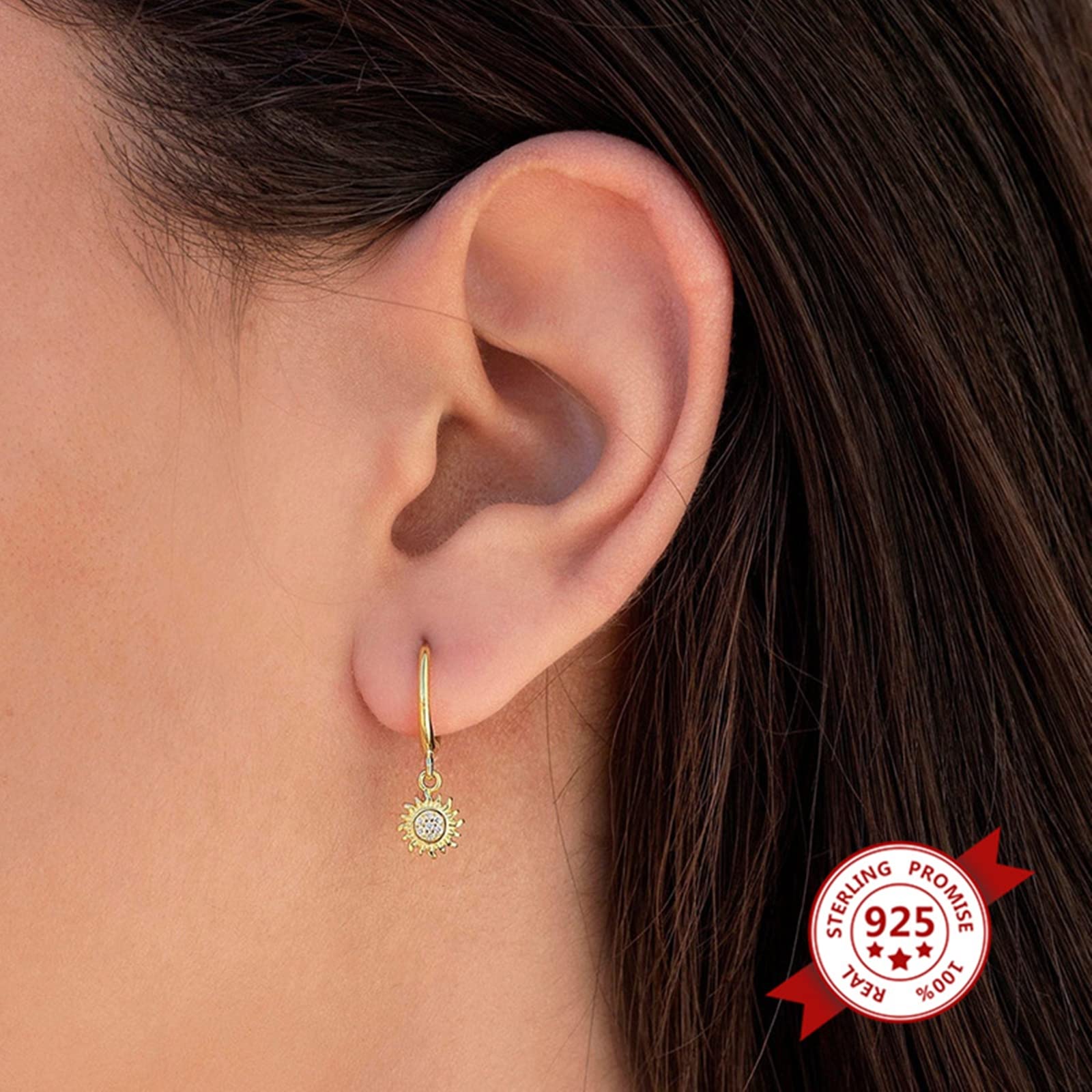 Pendientes de Oro Vintage, Pendientes de aro pequeños para Mujer, Girasol de Plata de Ley 925 con circonita cúbica, Regalos para Novia, Esposa, Madre