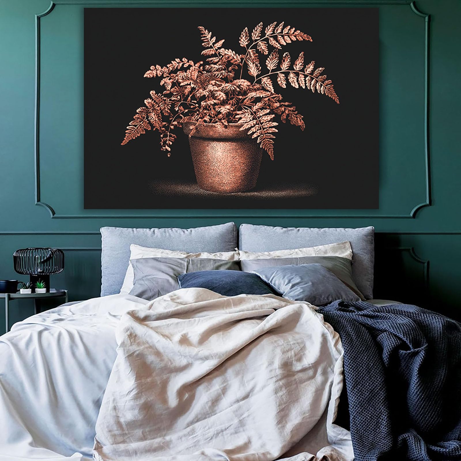 ZAMAEIU pósteres abstractos de hoja botánica impresa Macetas de helechos de cobre Arte Decorativo de la Oficina Sala de Estar（Negro-30x50cm Enmarcado