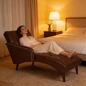 Brown Chaise Lounge Chair Indoor, Mid-Century Modern Tufted PU Leather Chaise Lounge Chair with Pillow & Solid Wood Legs, Upholstered Accent Chaise Couch for Living Room Bedroom