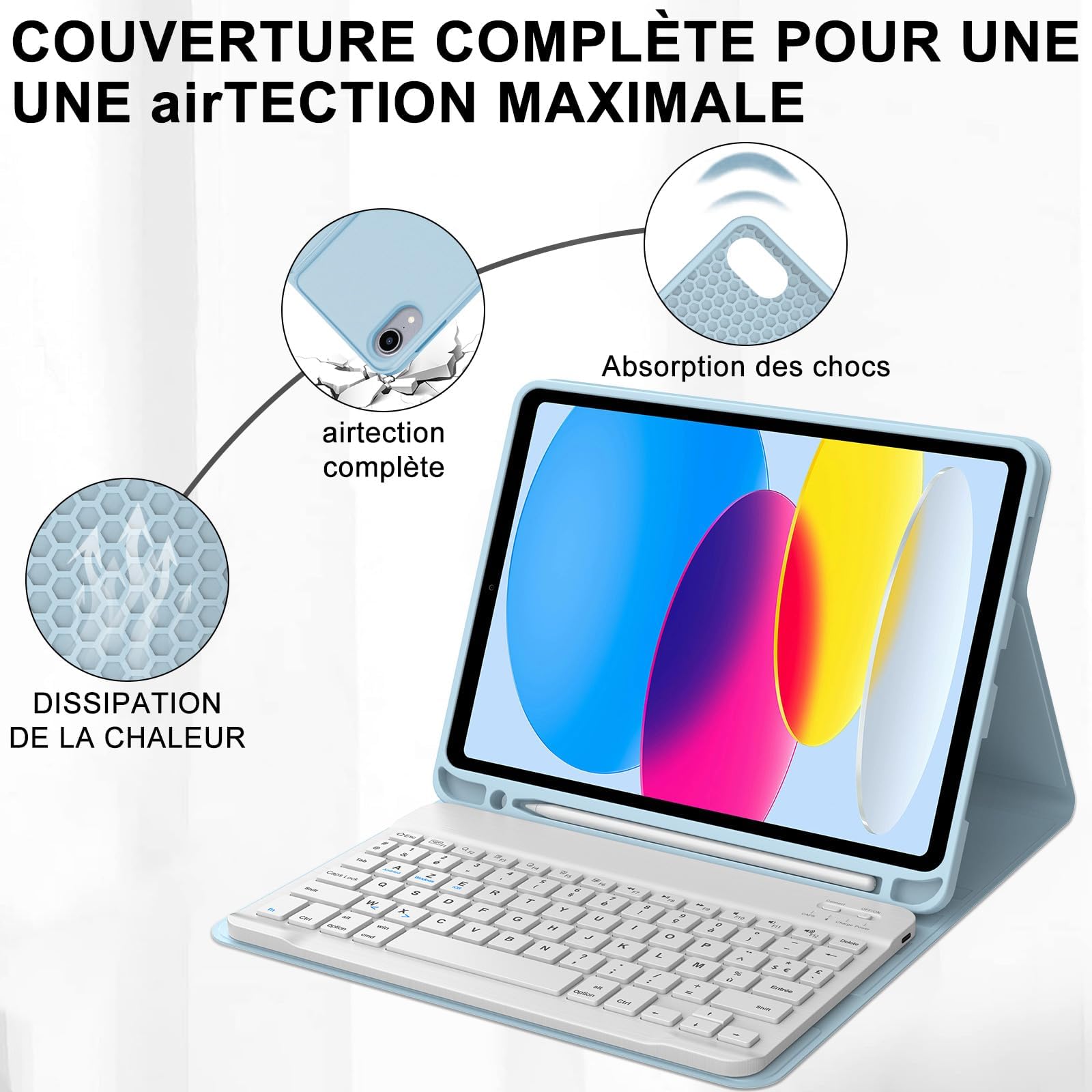 IVEOPPE Coque Clavier pour iPad A16 11/10ème Generation (11 Pouces 2025/10.9 Pouces 2022), Étui Keyboard AZERTY Layout sans Fil Bluetooth avec Porte Crayon, Bleu Azur