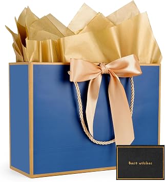 Gfractolux Large Gift Bags for Present, 1 Pcs Gift Bags for Women Men with Tissue Paper and Cards, Gift Bags for Birthdays, Baby Shower, Wedding, Party, Holiday Presents 14.2" x 9.8" x 4.7" Blue